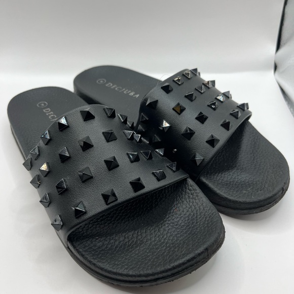 DECJUBA | Shoes | Decjuba Wide Strap Stud Black Slide Shoes Size 8 Party  Casual Sandal Spiked | Poshmark